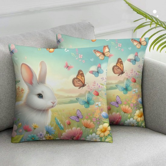 Easter Decorative Pillow Covers Retro Grey Rabbit Throw Cases with Watercolor Butterfly Dragonfly Lavender Home Decor  Cushion Cover for Sofa 