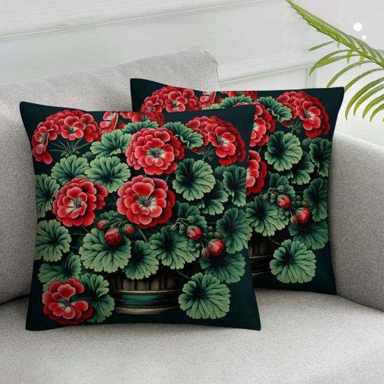 ShareJ Red Geranium Flowers Throw Pillow Covers Potted Plants with Welcome Words Pattern  Pillow Cases Outoor Garden Chair Decorative Cushion Cover