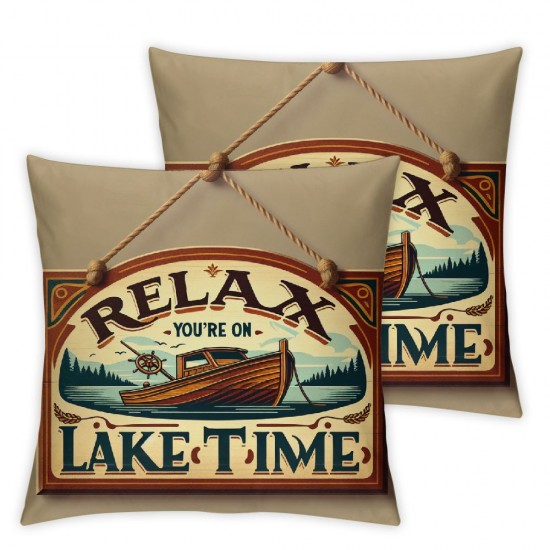 Vintage Retro Style Relax You're on Lake Time Boat and Paddle Pattern Linen Throw Pillow Case Cushion Cover for Sofa Home Decorative Square 