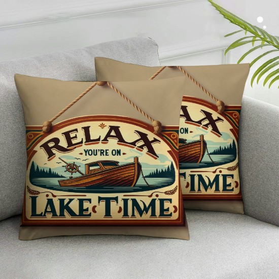 Vintage Retro Style Relax You're on Lake Time Boat and Paddle Pattern Linen Throw Pillow Case Cushion Cover for Sofa Home Decorative Square 