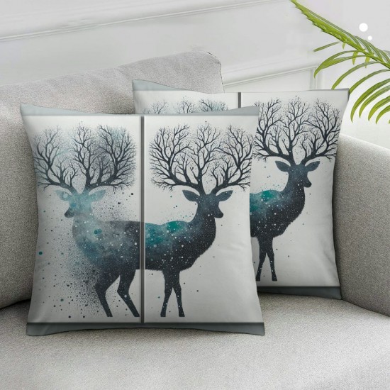 Christmas Blue Throw Pillow Covers Home Decorative Throw Pillow Case Ink Painting Style Forest Fawn Cushion Cover for Sofa Couch, (Blue , 