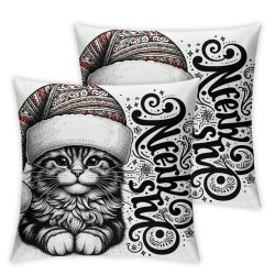 Christmas Animals Throw Pillow Cover Santa Hat Dog and Glasses Cat with Greeting Quote Square Pillowcases for Sofa Bedroom Decor