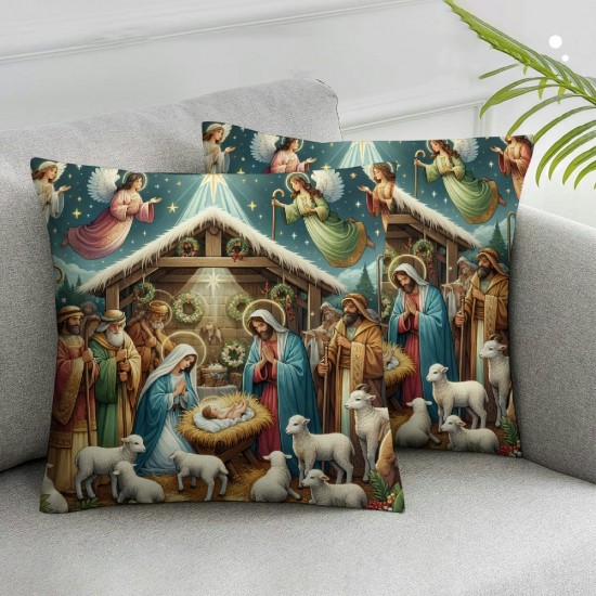 Merry Christmas Home Decor Pillowcase Christmas Nativity in Manger Square Throw Pillow Cover Vintage Style Cushion Case 