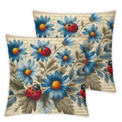 Blue Daisy Flower with Ladybug Pattern Decorative Throw Pillow Covers  Linen Home Pillow Cases Outdoor Garden Decor Cushion Cover 