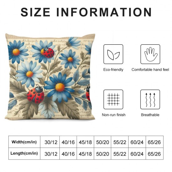 Blue Daisy Flower with Ladybug Pattern Decorative Throw Pillow Covers  Linen Home Pillow Cases Outdoor Garden Decor Cushion Cover 