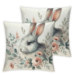  Oil Painting Style Pillow Covers Rabbit Bunny with Flower Wreath Spring Decor Square Throw Pillow Case Cushion Cover for Sofa (Elegant Bunny)