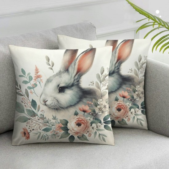  Oil Painting Style Pillow Covers Rabbit Bunny with Flower Wreath Spring Decor Square Throw Pillow Case Cushion Cover for Sofa (Elegant Bunny)