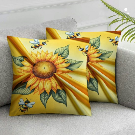 Hello Pillow Covers Summer Sunflower Bee Square Pillow Cases Linen Yellow Cushion Cover for Outdoor Front Porch Patio Sofa Couch