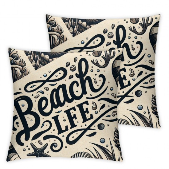 Beach Life Throw Pillow Covers Square  Wood Grain Background Decorative Pillow Cases Summer Style Coral Shell Cushion Cover