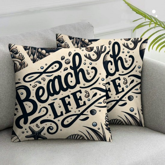 Beach Life Throw Pillow Covers Square  Wood Grain Background Decorative Pillow Cases Summer Style Coral Shell Cushion Cover