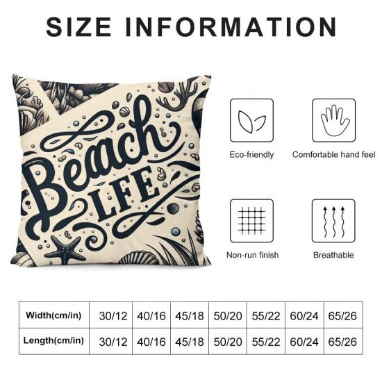 Beach Life Throw Pillow Covers Square  Wood Grain Background Decorative Pillow Cases Summer Style Coral Shell Cushion Cover