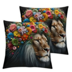 Animal Theme Throw Pillow Covers African Lion Head Wearing Flowers nSquare Home Decorative Pillow Cases Cushion Cover (AT04)