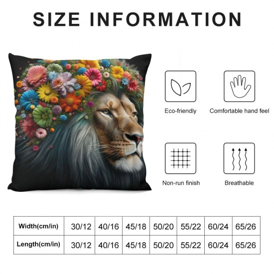 Animal Theme Throw Pillow Covers African Lion Head Wearing Flowers nSquare Home Decorative Pillow Cases Cushion Cover (AT04)