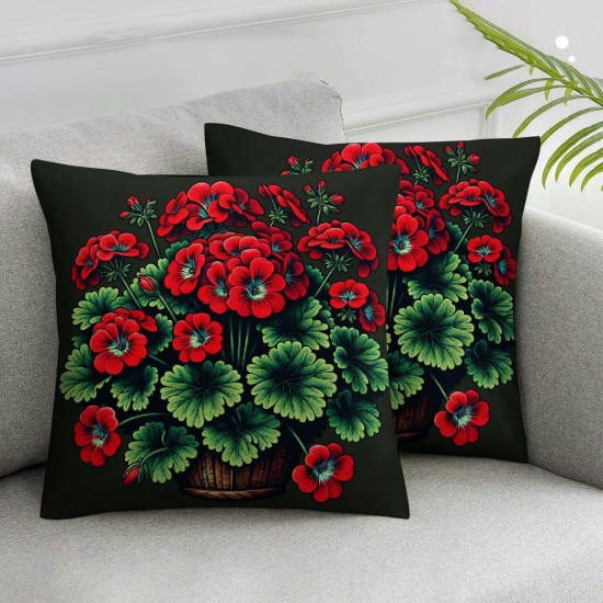 ShareJ Red Geranium Flowers Throw Pillow Covers Potted Plants with Welcome Words Pattern  Pillow Cases Outoor Garden Chair Decorative Cushion Cover 