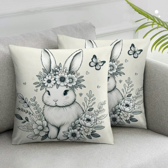  Throw Pillow Covers Cute Animal Brown Rabbit Pillow Cases Spring Flower Leaf Butterfly Decorations Cushion Cover for Sofa Couch