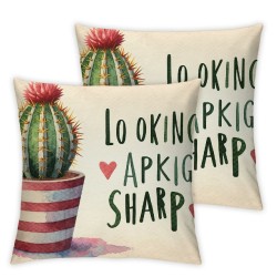 Looking Sharp Funny Quote Pillow Covers  Watercolor Green Plant Cactus Potted Rustic Wood Grain Farmhouse Decorative  Pillow Cases for Home Outdoor Decor (WR-