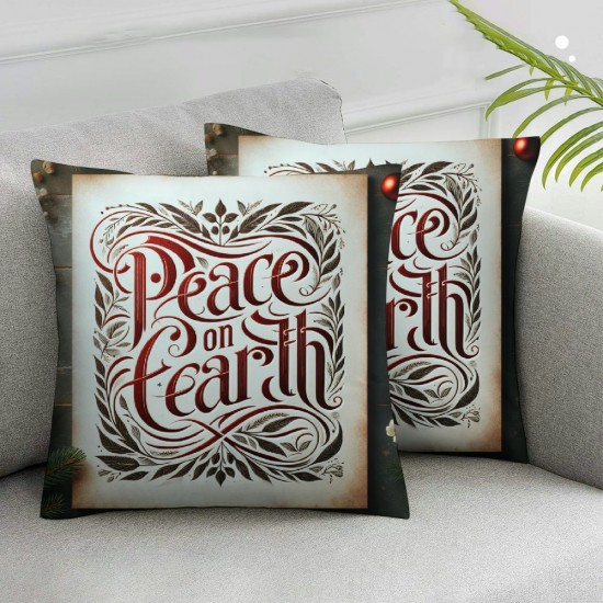 Blessing Quote Throw Pillow Covers Peace On Earth with Holly Plant Wreath Holiday Couch Pillow Cases Retro Wood Grain Design Home Decor 