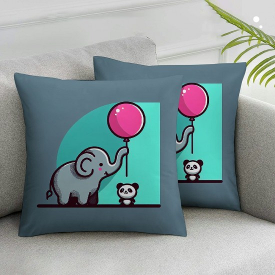 Kids Cartoon Hand Drawn Throw Pillow Covers Cute Animal Elephant and Panda are Grabbing Balloon Decorative  Home Decor Outdoor Cushion Cases for Children Room Sofa Couch 