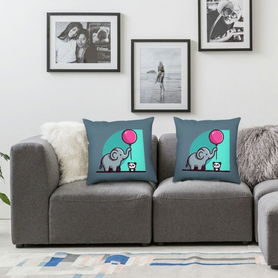 Kids Cartoon Hand Drawn Throw Pillow Covers Cute Animal Elephant and Panda are Grabbing Balloon Decorative  Home Decor Outdoor Cushion Cases for Children Room Sofa Couch 