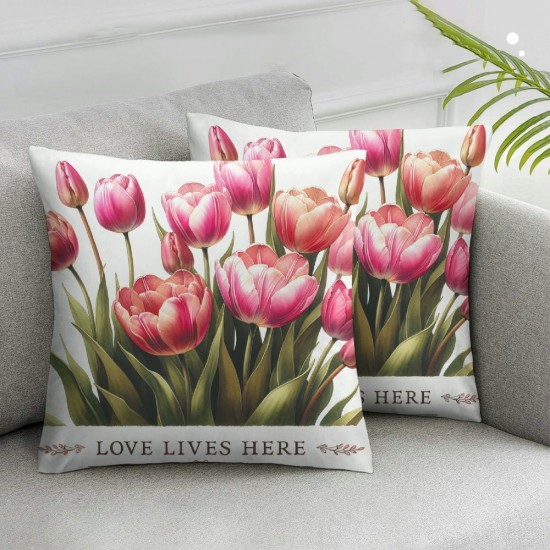 Ulloord  Hello Love Pink Tulips Bicycle Throw Pillow Covers, Flowers Spring Mother's Day Cushion Case for Sofa Couch