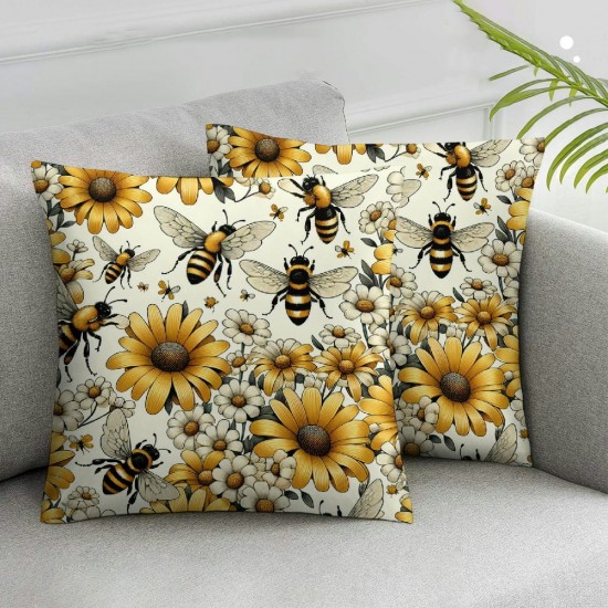 Ulloord Bee Sunflower Throw Pillow Covers, Spring Summer Stripes Cushion Case for Sofa Couch