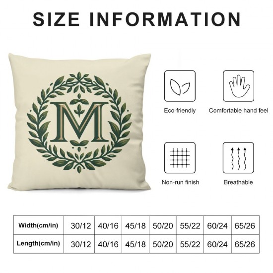 Ulloord  English Alphabet M Eucalyptus Leaves Throw Pillow Cover, Square Modern Spring Summer Letter Cushion Case Monogram Decoration for Sofa Couch