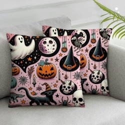 Ulloord Happy Halloween Cute Ghost Groovy Pink Throw Pillow Covers, Flowers Cushion Case for Sofa Couch