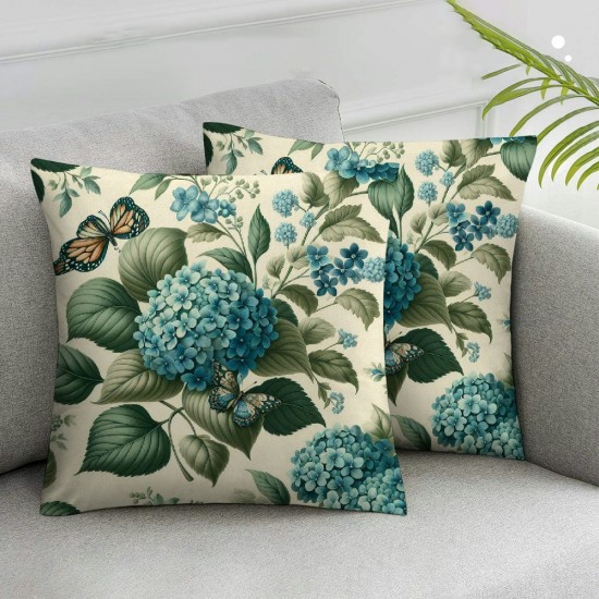 Ulloord Spring Floral Pillow Covers  Watercolor Blue Hydrangea Butterfly Throw Pillow Covers Outdoor Decorations,Summer Seasonal Flower Pillowcase Farmhouse Cushion Case for Home Sofa