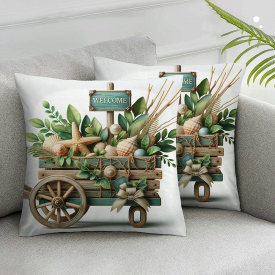 Ulloord  Home Sweet Home Shell Starfish Eucalyptus Leaves Throw Pillow Covers, Seasonal Spring Summer Truck Stripes Buffalo Plaid Cushion Case Decorations