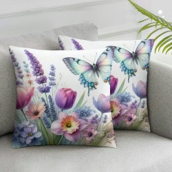 Ulloord  Waterproof Spring Floral Pillow Covers Pink Tulip Flower Lavender Butterfly Throw Pillow Covers Outdoor Spring Summer Farmhouse Decorations Cushion Case Double Sided