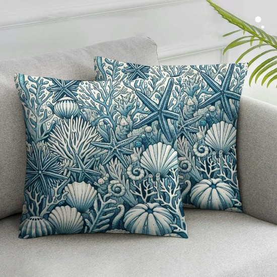 Ulloord Pillow Covers Blue Beach Theme Ocean shell Coral Summer Decorative Throw Pillow Cases Outdoor Farmhouse Decoration for Sofa