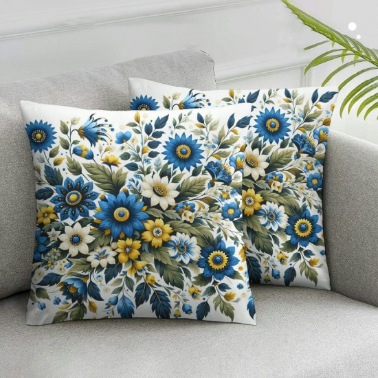 Ulloord Yellow Blue Floral Throw Pillow Covers  Sage Green Leaves Decorative Pillow Case Soft Square Cushion Covers for Couch Sofa Bedroom Livingroom