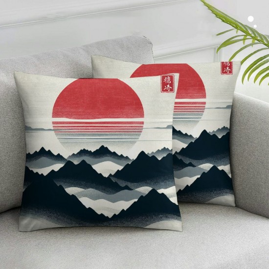 Ulloord  Throw Pillow Cover Mountains and Red Sun Hand Drawn with Ink in Traditional Japanese Decorative Pillow Cases Home Decor Square  Pillowcases