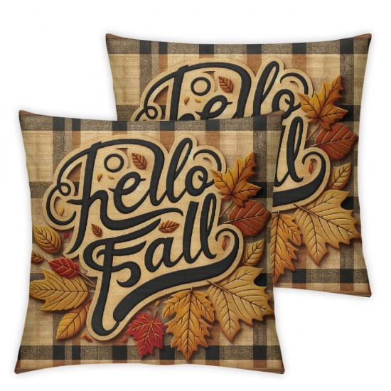 Fall Pillow Covers Pumpkin Leaves Buffalo Plaid Rustic Pillow Case Fall Farmhouse Outdoor Throw Pillowcase Cotton Linen Cushion Case for Fall Decor