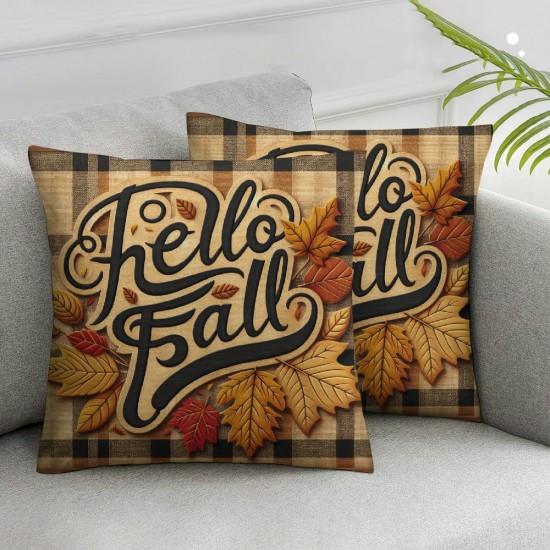 Fall Pillow Covers Pumpkin Leaves Buffalo Plaid Rustic Pillow Case Fall Farmhouse Outdoor Throw Pillowcase Cotton Linen Cushion Case for Fall Decor